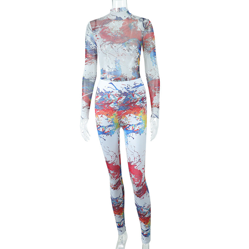 Printed Turtleneck Long Sleeve Bodysuit High Waist Skinny Pants Casual Set