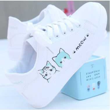 Zapatos blancos pequeños de cuero, zapatos planos de mujer, zapatos de mujer, zapatos blancos de gato