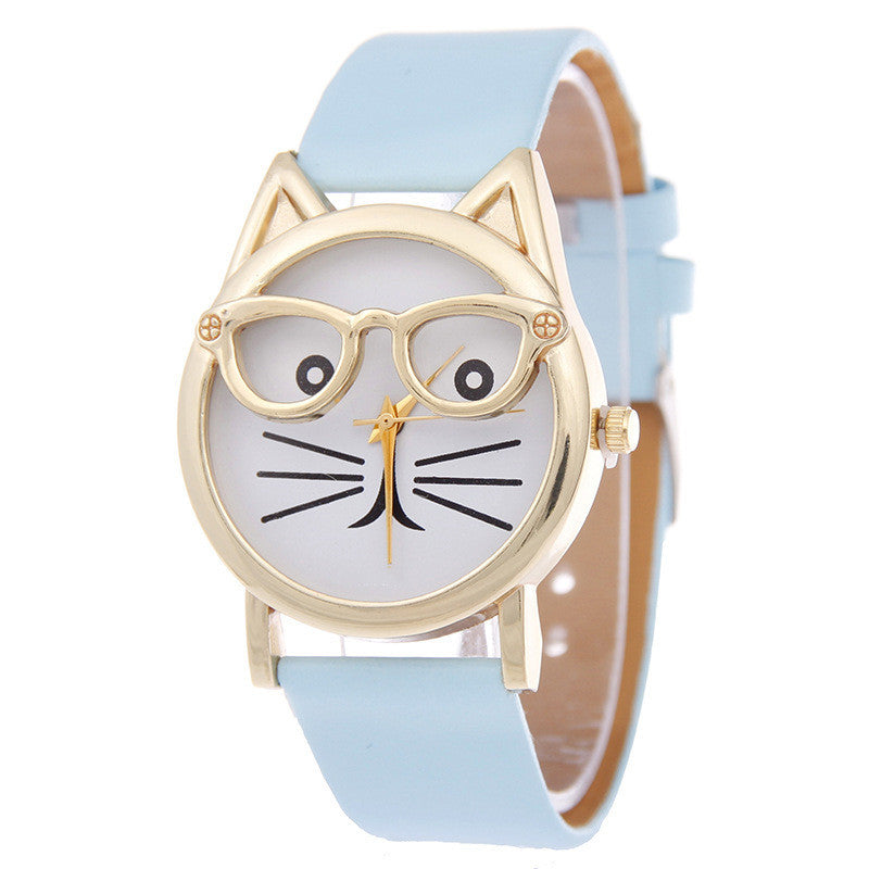 Cartoon Watch With Glasses Cat Student Belt Watch Women's Quartz Watch Gift Watch