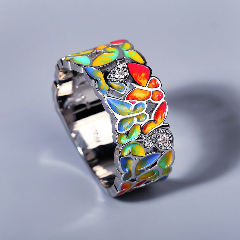 Creative Flower Enamel Epoxy Silver Diamond Ring For Women