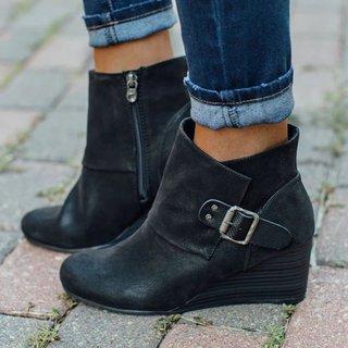 Fashion Platform Round Toe Wedge Heel Ankle Boots Side Zipper Buckle