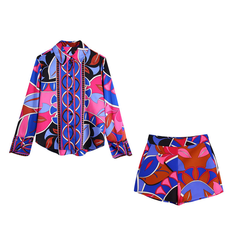 Three-piece Printed Drape Shirt Shorts And Skirts