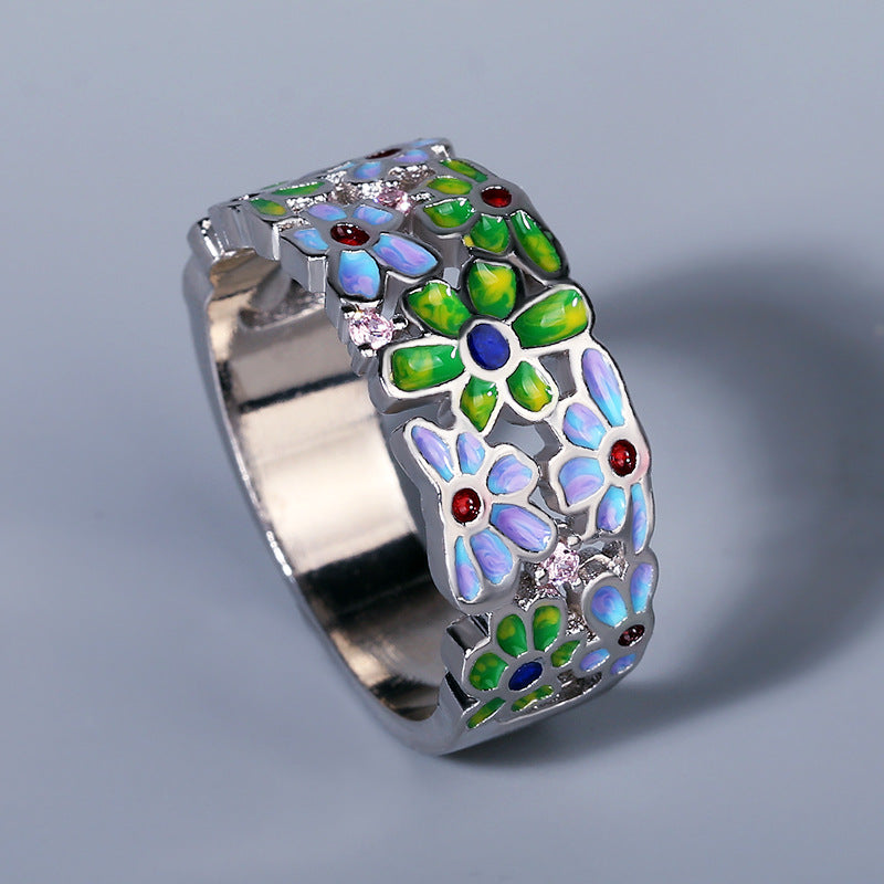 Creative Flower Enamel Epoxy Silver Diamond Ring For Women