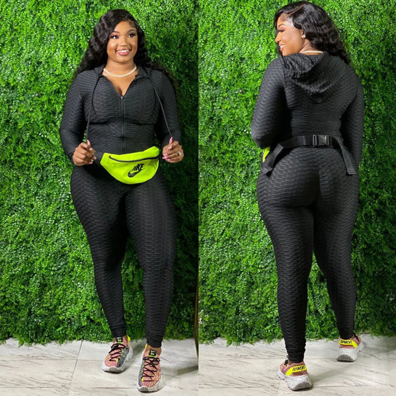 Solid Color Women Plus Size Two Piece Set Sport Suit