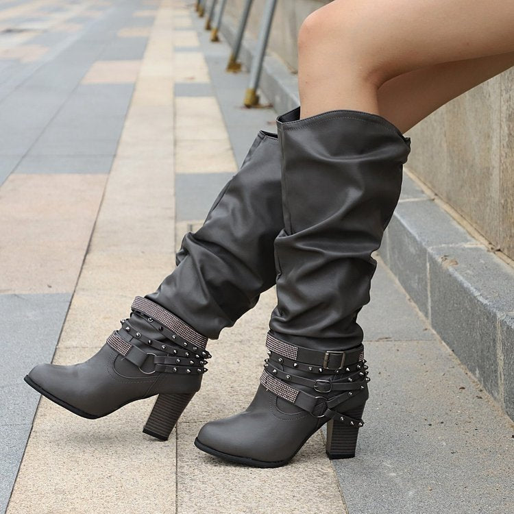 Rhinestone thick heel European and American knight boots