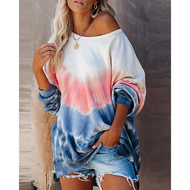 Women Printed Contrast Color Long-Sleeved Casual Loose Sweater