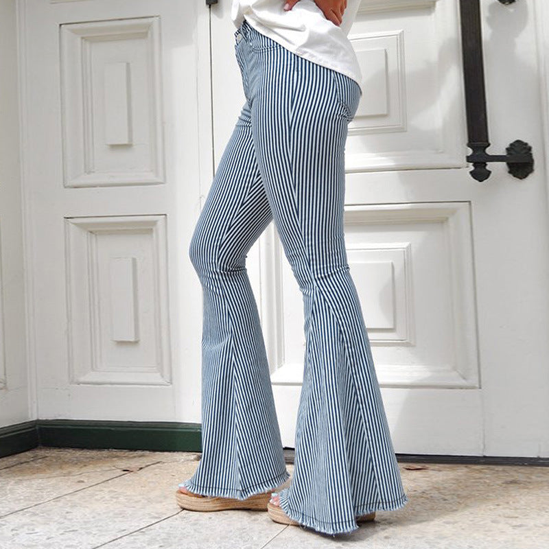 Pantalones acampanados a rayas de cintura alta casual para mujer