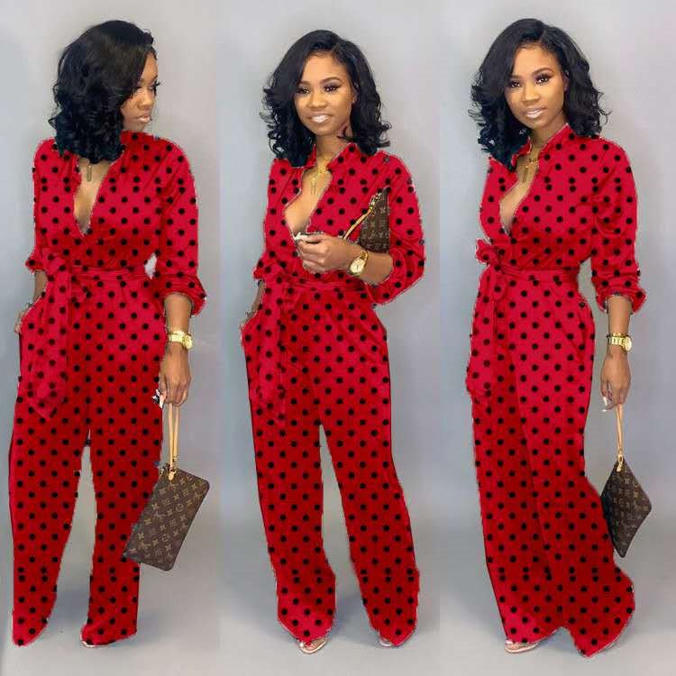 Point Printed Long-Sleeve Jumpsuit