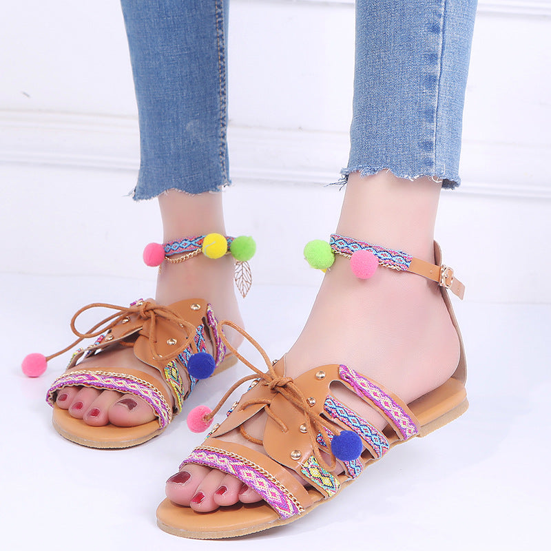 Fur ball flat sandals