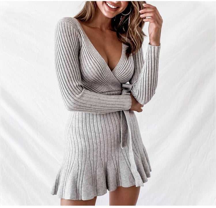 Sexy V Neck Knitted Dresses Women Long Sleeve