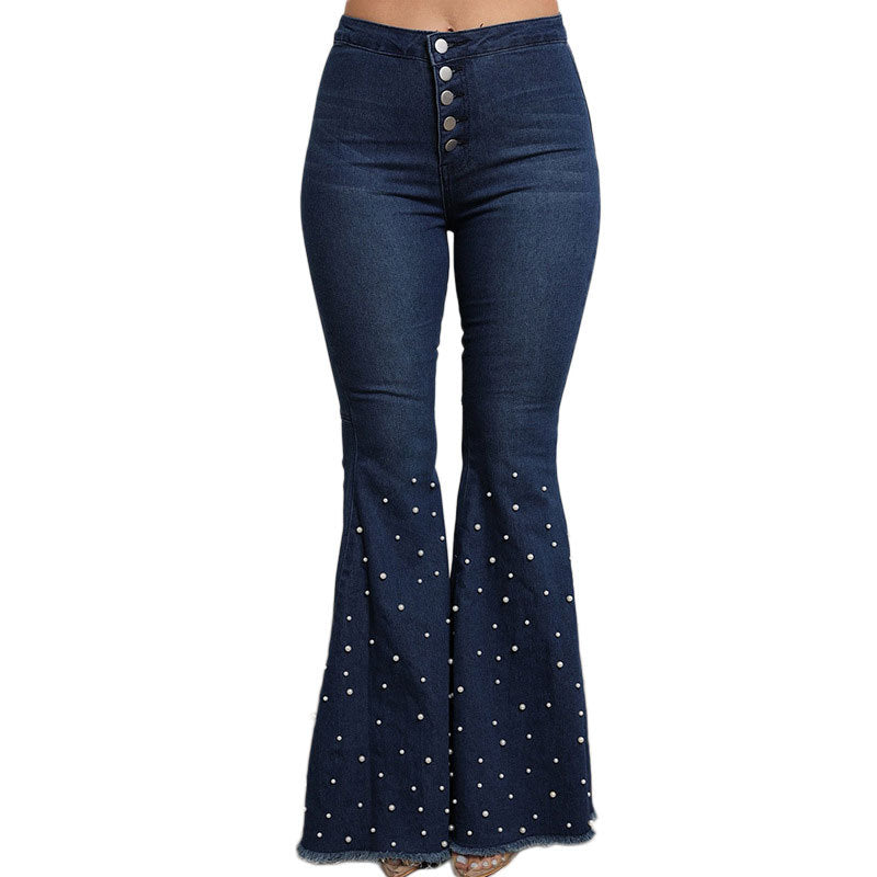 Beaded flared jeans with rough edges