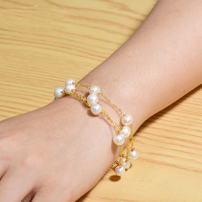 925 Sterling Silver Natural Freshwater Pearl Three-layer Bracelet