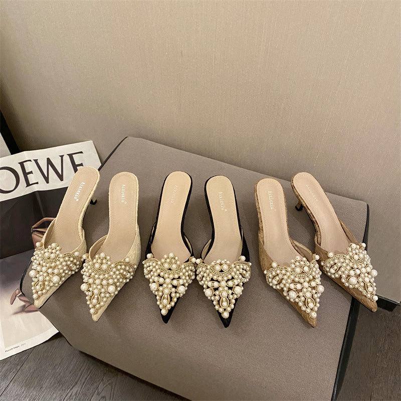 Fashion Pointed Pearl Half Stiletto Closed Toe Mid Heel Slippers