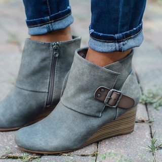 Fashion Platform Round Toe Wedge Heel Ankle Boots Side Zipper Buckle