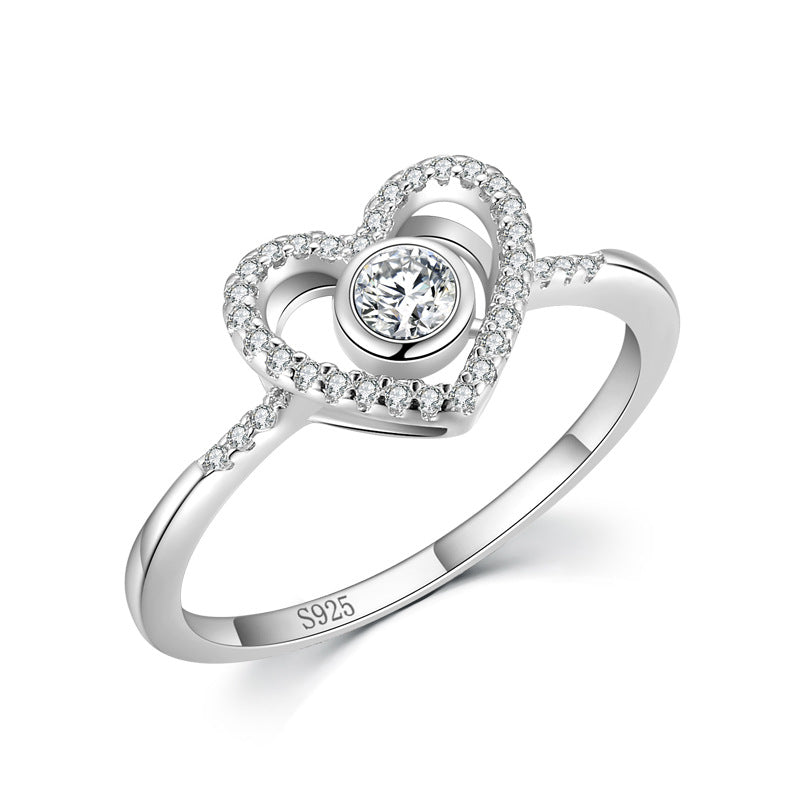 S925 Sterling Silver Love Heart Full Diamond Ring Women