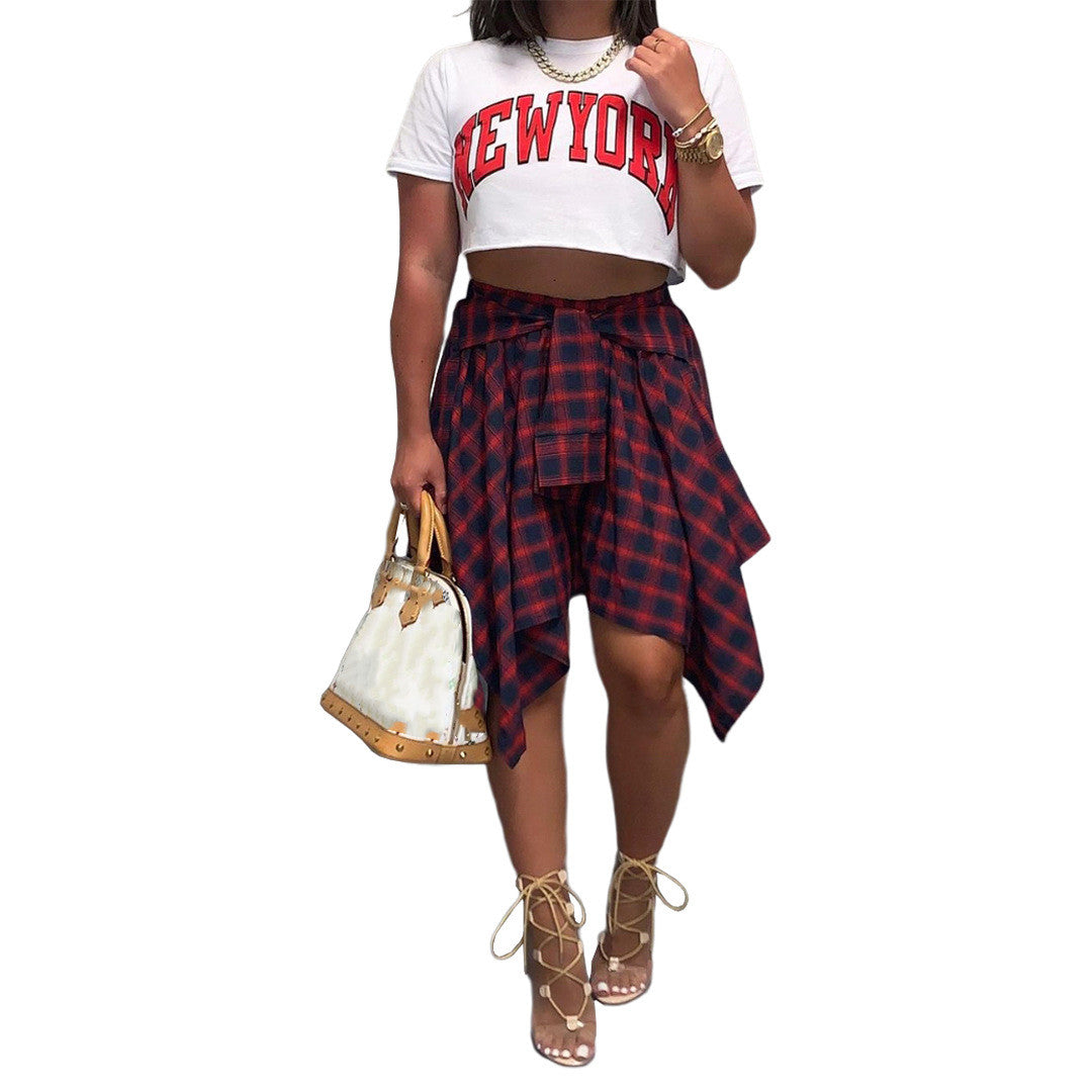 Women's Fashion Irregular Plaid Tie-Sleeve Fake Shirt Skirt