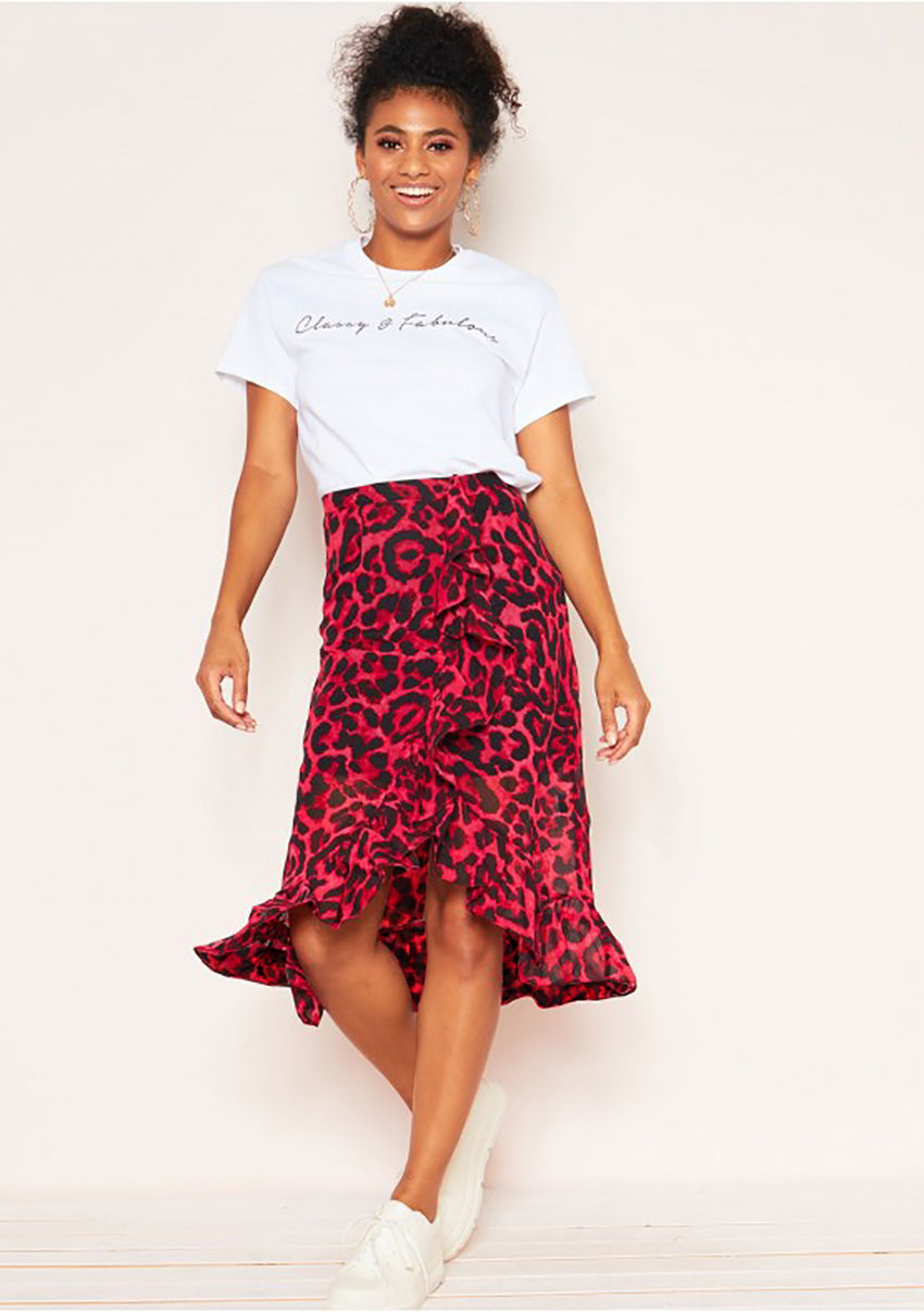 Mid-length red leopard chiffon skirt