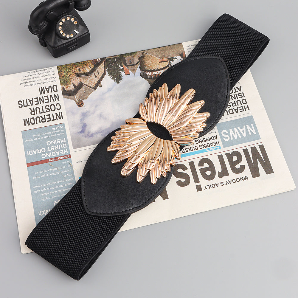 Nuevo otoño invierno negro cintura elástica girasol aleación hebilla cintura cubierta todo fósforo delgado diseño elegante abrigo decorativo