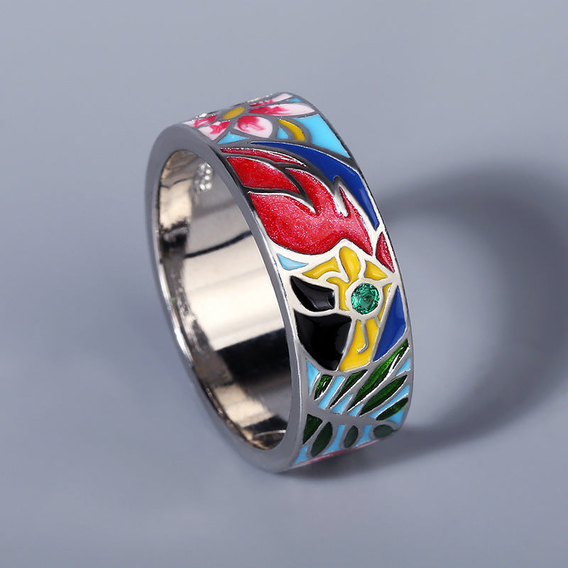 Creative Flower Enamel Epoxy Silver Diamond Ring For Women