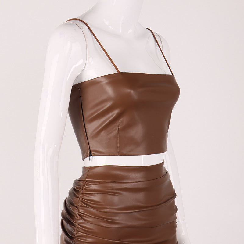 Sexy Fashion PU Leather Sling Strapless Short Skirt Two Piece Suit