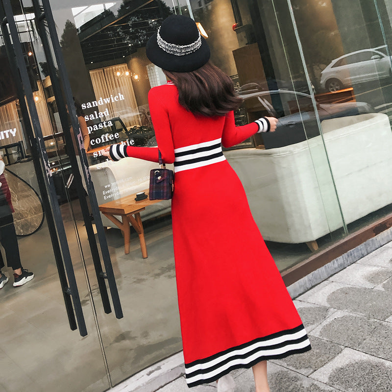 Big red long-sleeved long knit dress women