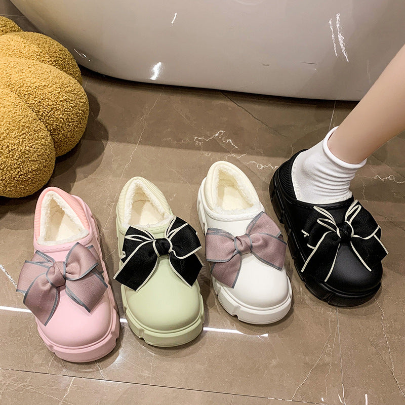 Bowknot Cotton Slippers Warm With Velvet Waterproof Home Indoor Platform Cotton Shoes