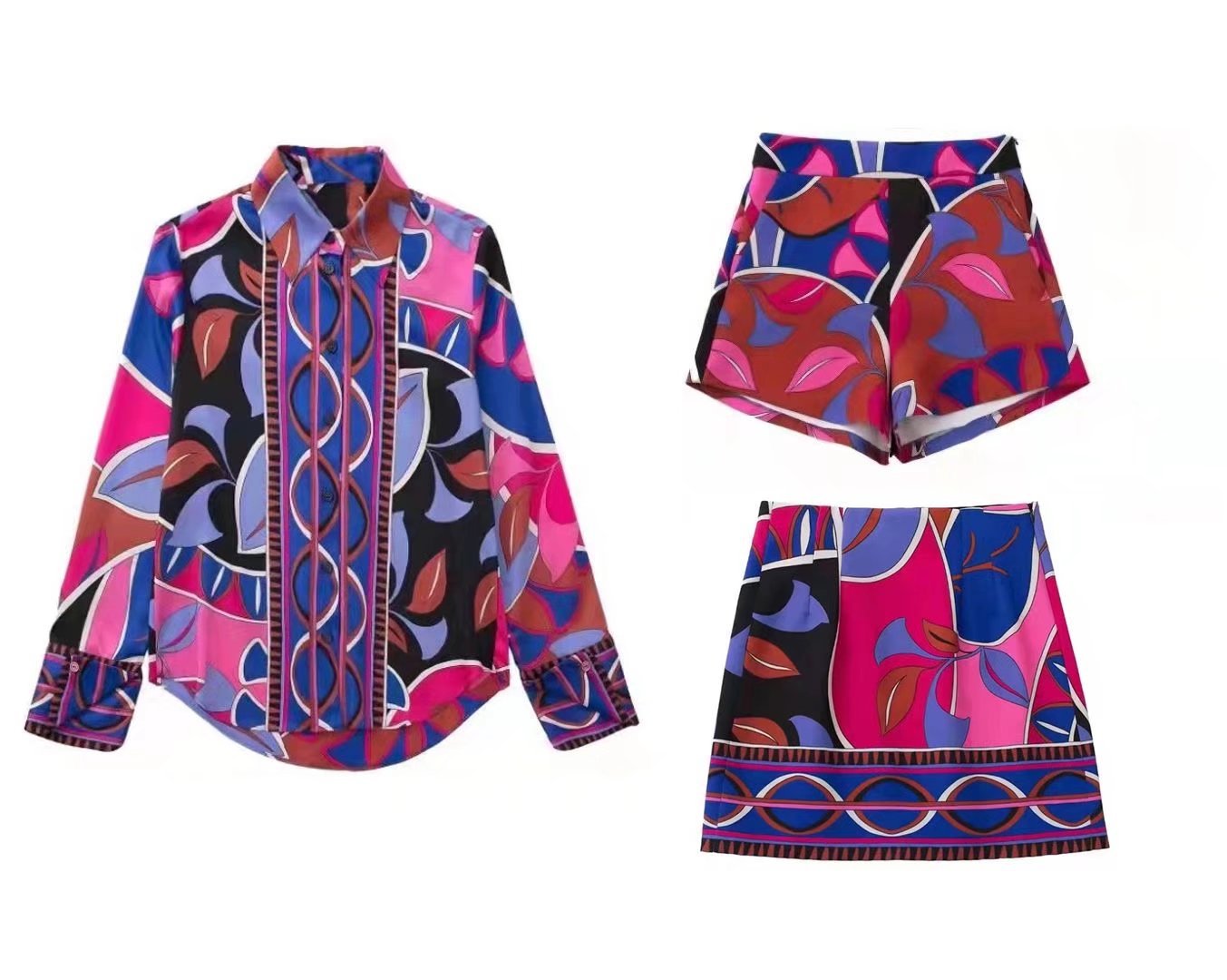 Three-piece Printed Drape Shirt Shorts And Skirts