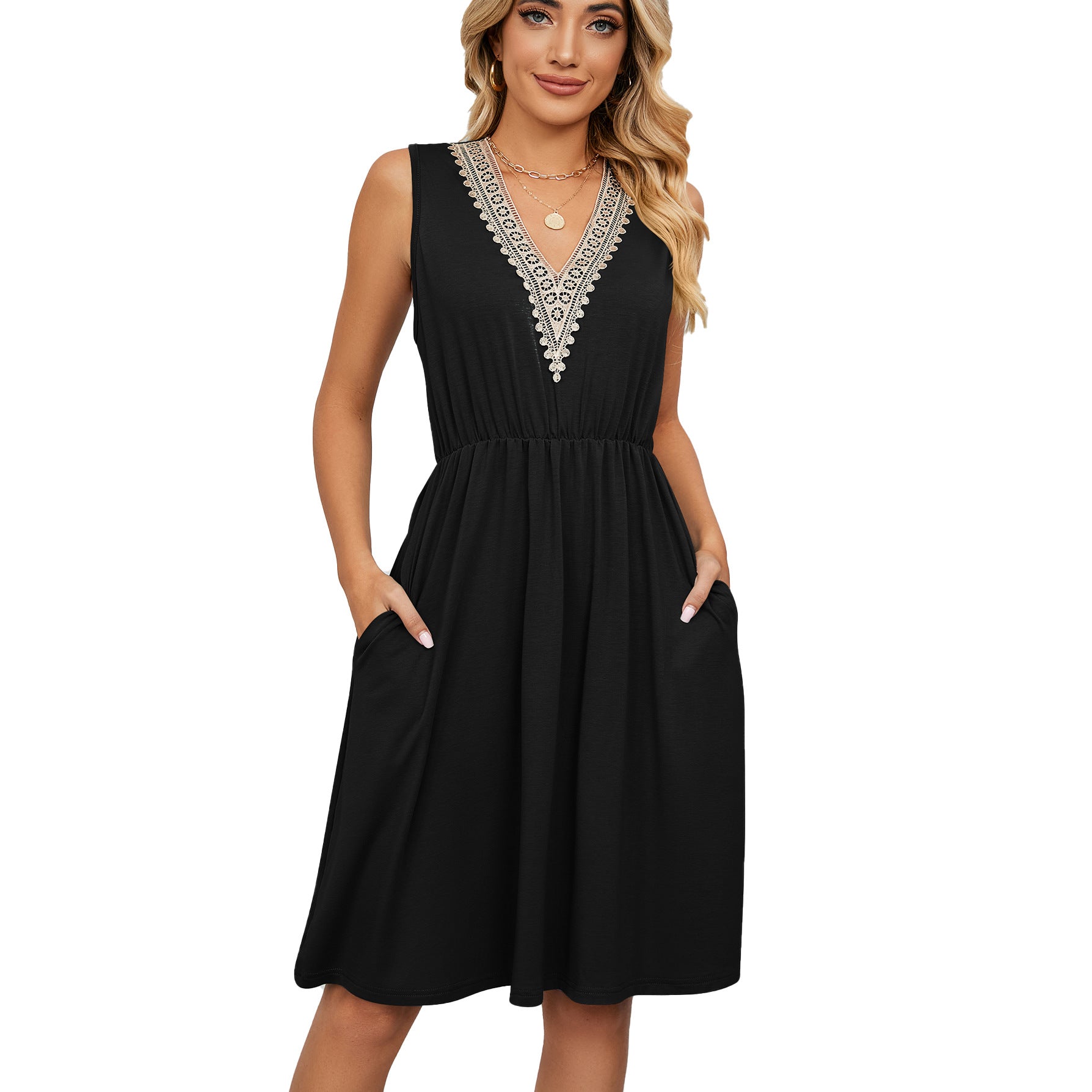 Lace Panel Sleeveless Dresss With Pocket V-neck Dresses For Women