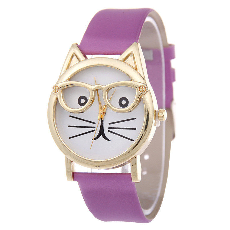 Cartoon Watch With Glasses Cat Student Belt Watch Women's Quartz Watch Gift Watch