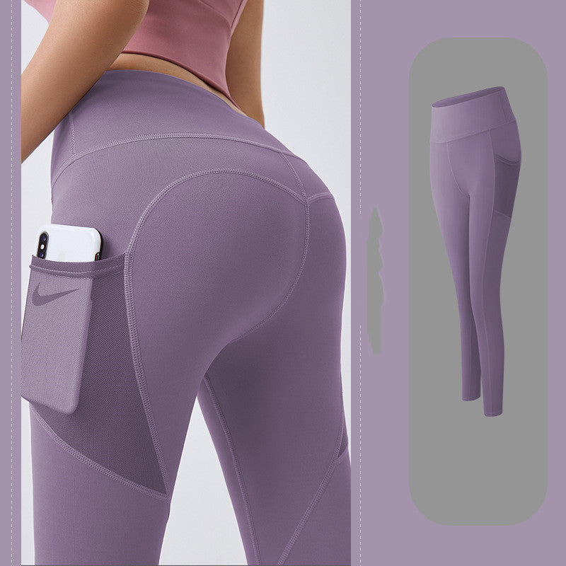 Thin fitness pants with mesh side pockets