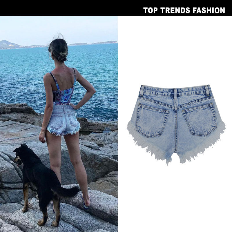 High Waist Breasted Worn Washed Snowflake Ladies Denim Shorts Beach Hot Pants