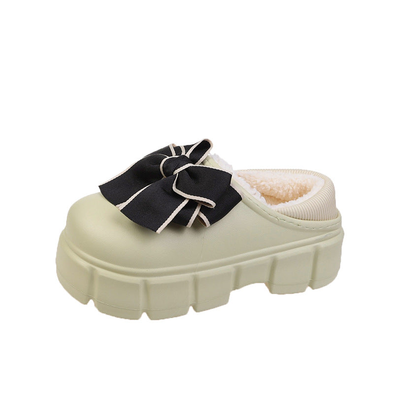 Bowknot Cotton Slippers Warm With Velvet Waterproof Home Indoor Platform Cotton Shoes