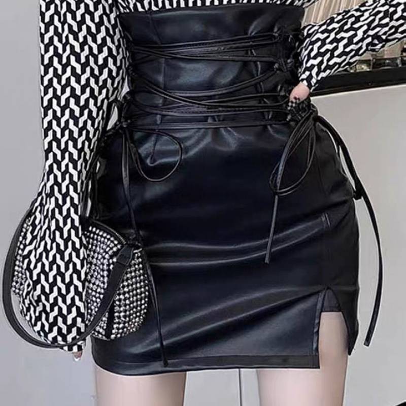 Women's Strappy High Waist Slit Leather Skirt