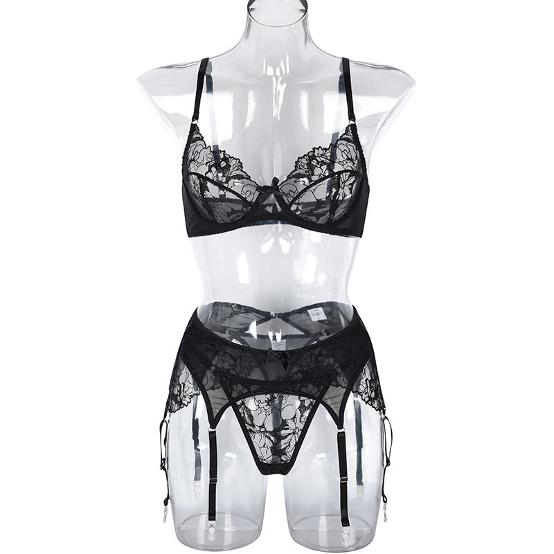 Women's Lace Mesh Black Embroidered Lingerie Set