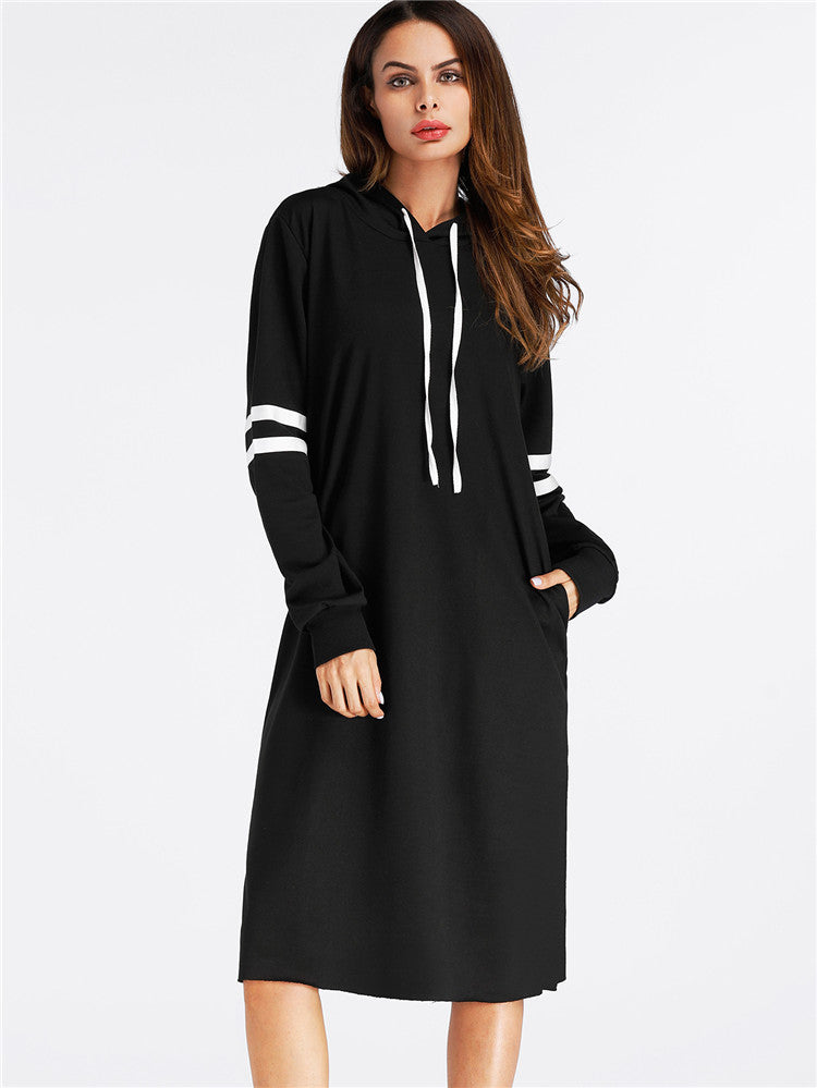 Black Hoodies Dress Women Long Sleeve Striped Casual Tops With Hooded Loose Dresses Spring Autumn Vestidos Pullovers Female