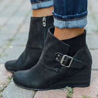 Fashion Platform Round Toe Wedge Heel Ankle Boots Side Zipper Buckle