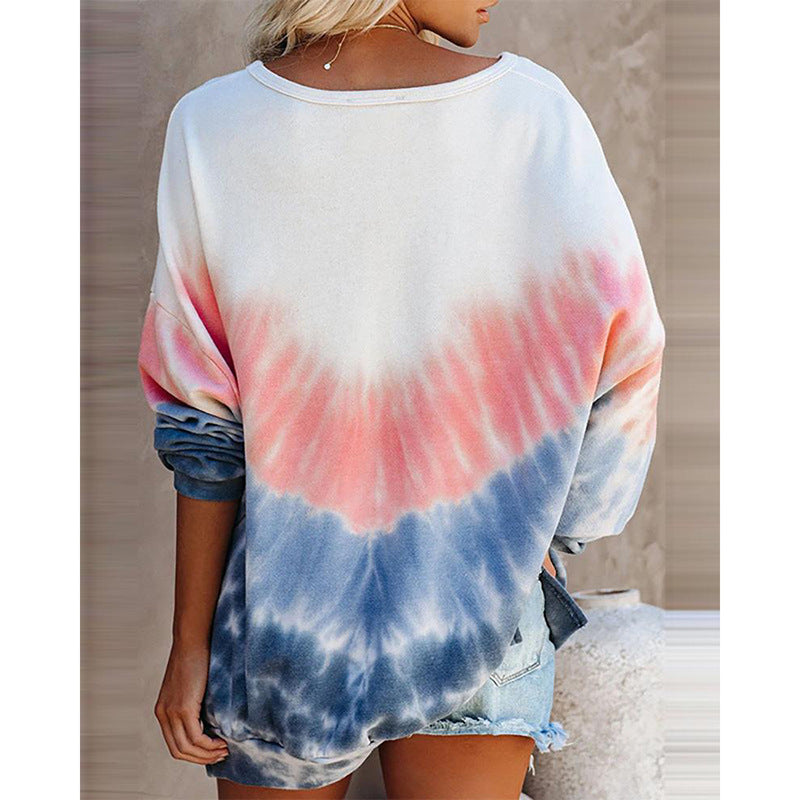 Women Printed Contrast Color Long-Sleeved Casual Loose Sweater