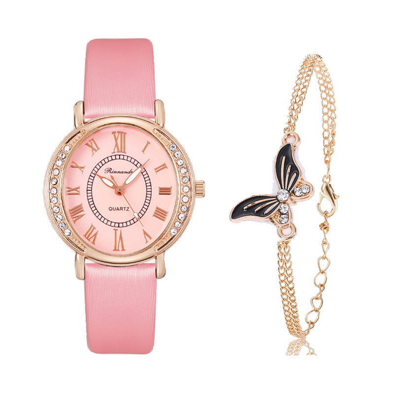 Women's Leather Strap With Quartz Fashion Inlaid Rhinestones