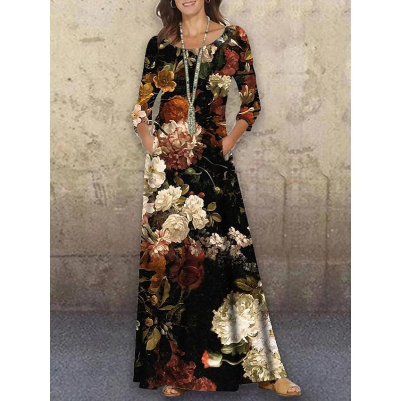 Round Neck Knit Long Sleeve Long Dress Floral