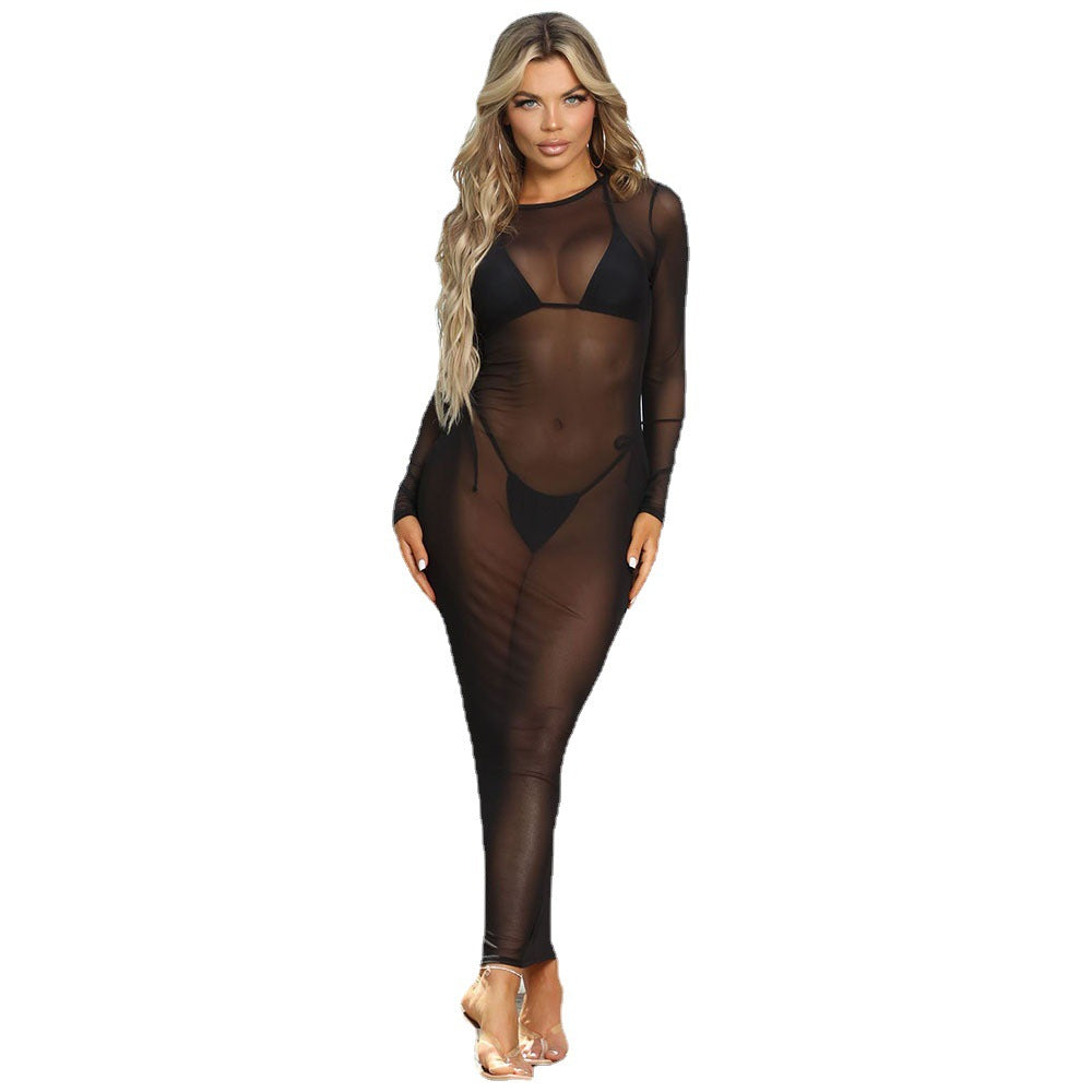 Sexy Women Mesh See-Through Long-Sleeved Ladies Dress