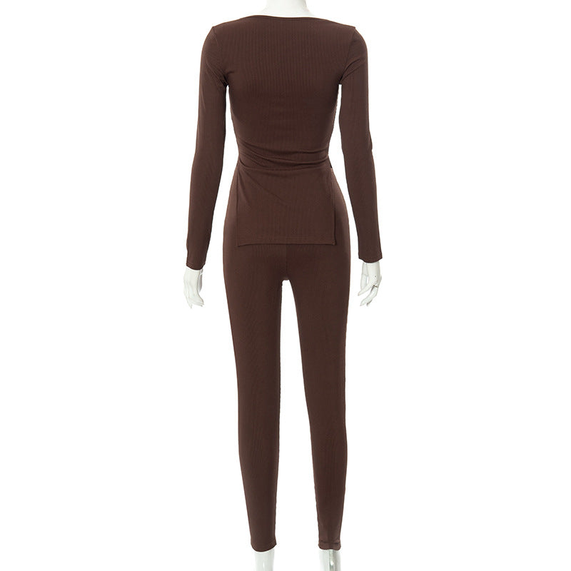 Fashion Solid Color Split Long-sleeved T-shirt Casual Tight Pants Suit