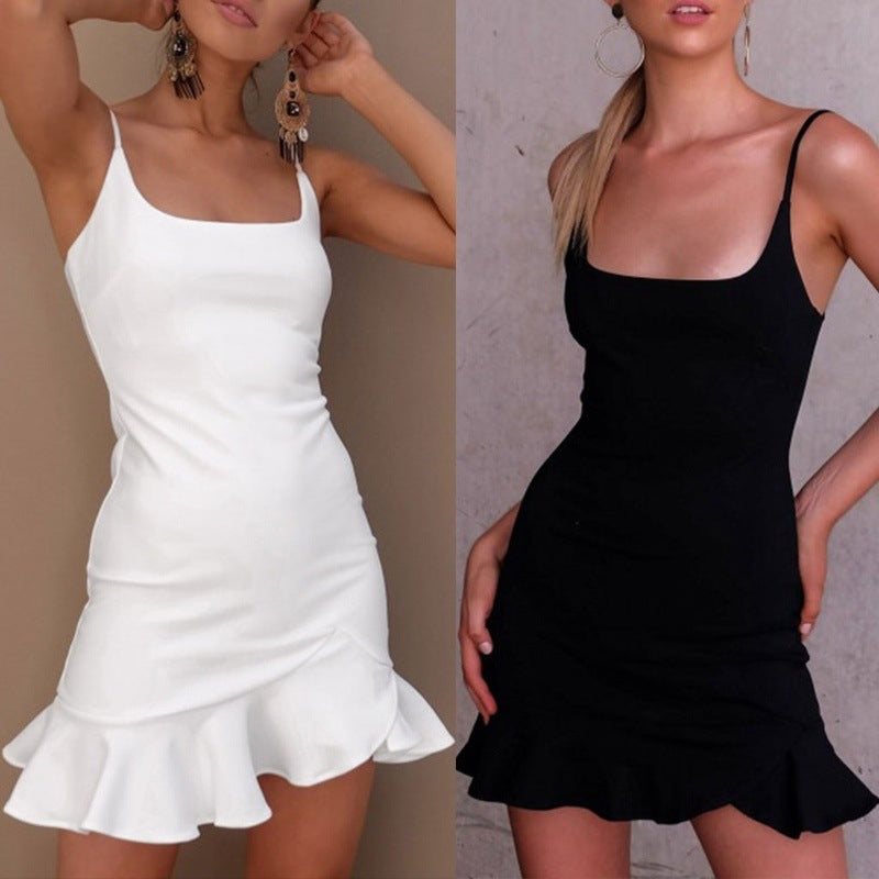 New Ruffles Trumpet Dress Women Sleeveless Spaghetti Strap Slim Summer Dress Party Short Dresses Vestidos