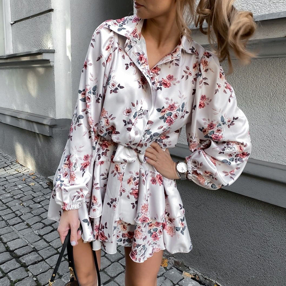 Long-Sleeved Lapel Casual Fashion Printed Dress With Big Swing