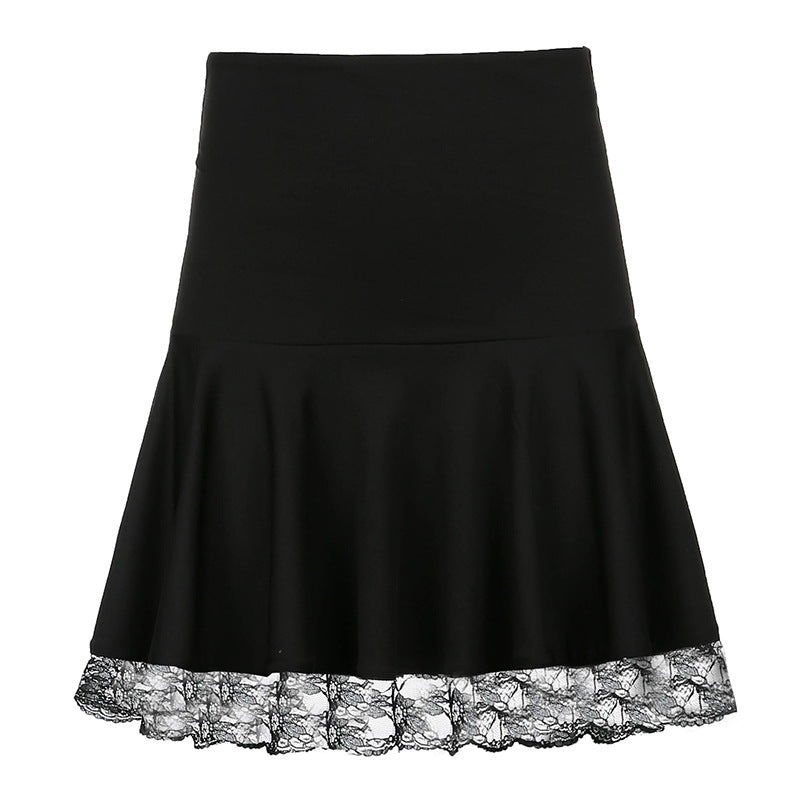 New Women's High Waist Lace Stitching Pleated Skirt