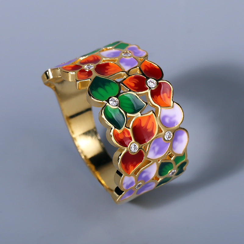 Creative Flower Enamel Epoxy Silver Diamond Ring For Women