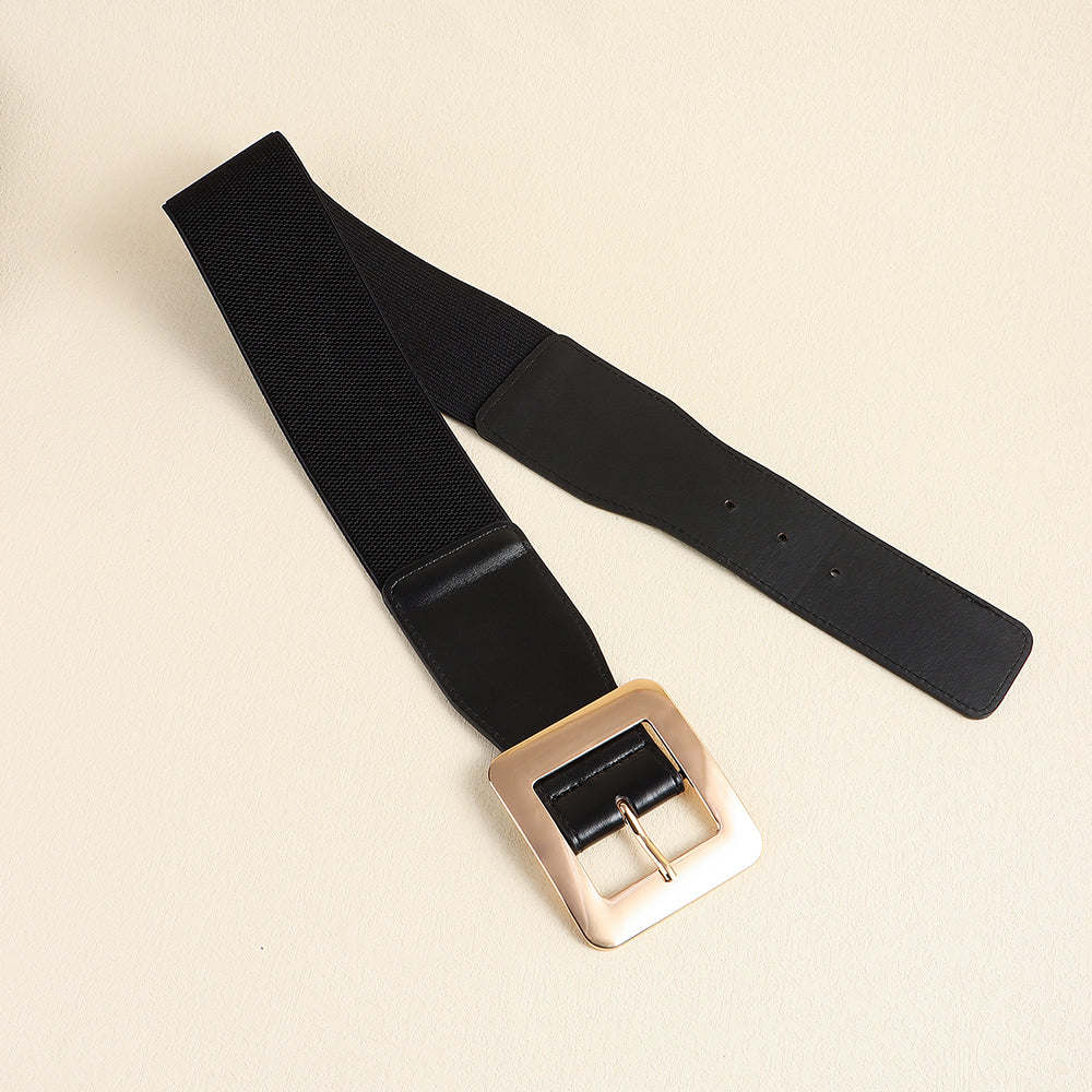 Retro Women's Metal Square Buckle Elastic Elastic Belt Simple Black Needle Buckle Everything Wide Waist Seal Senior Belt