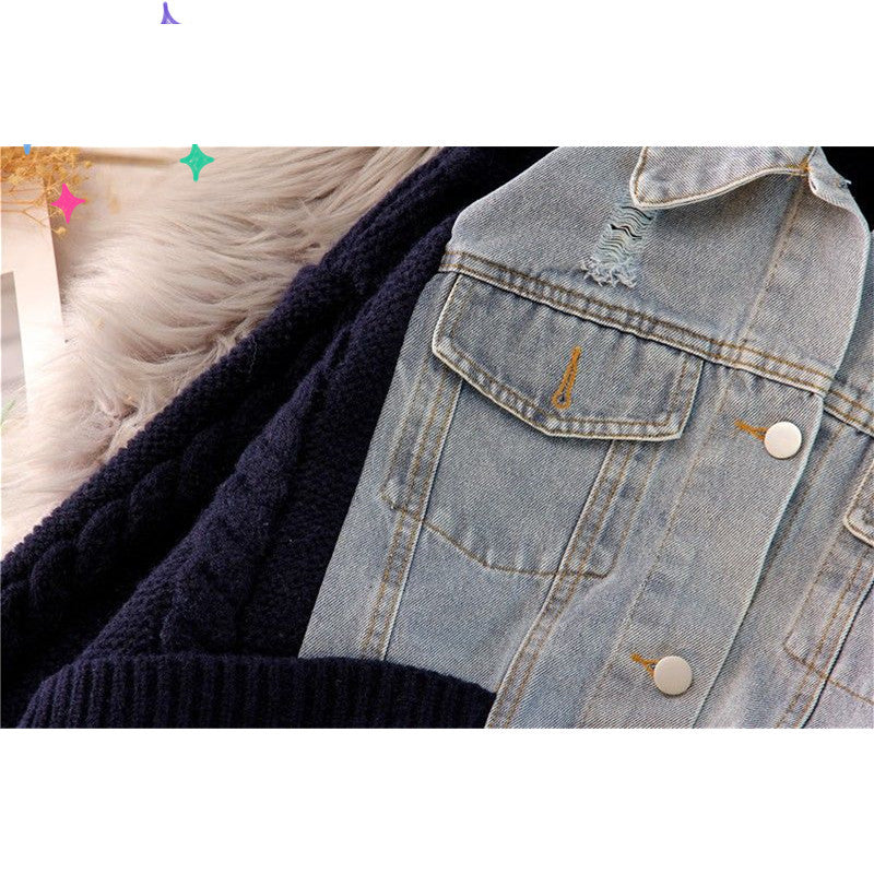 Large Size Women's Loose Denim Jacket Thickened Sweater Knitted Cardigan