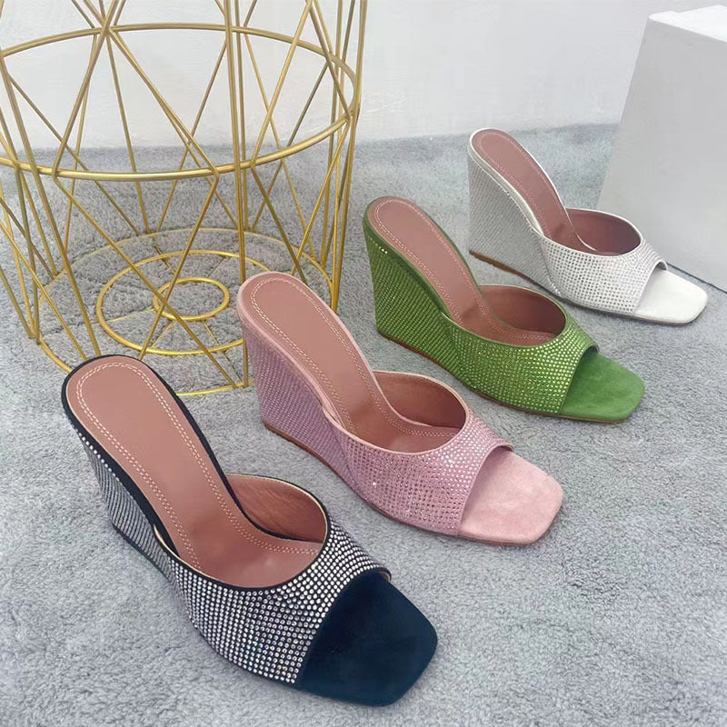 Summer New Square Toe Wedge Full Diamond Muller High Heels Slippers