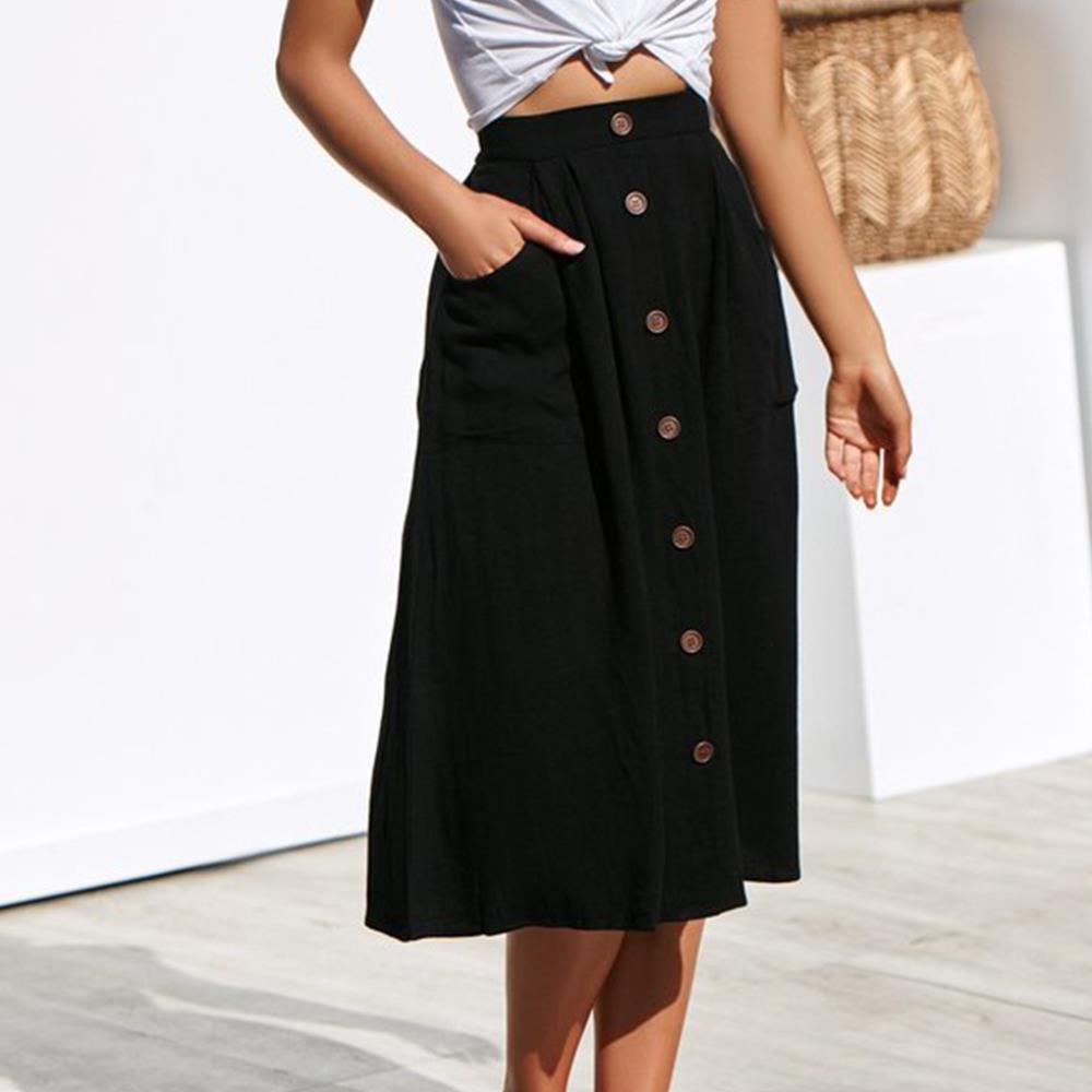 Single Breasted Buttons Midi Skirt Pocket