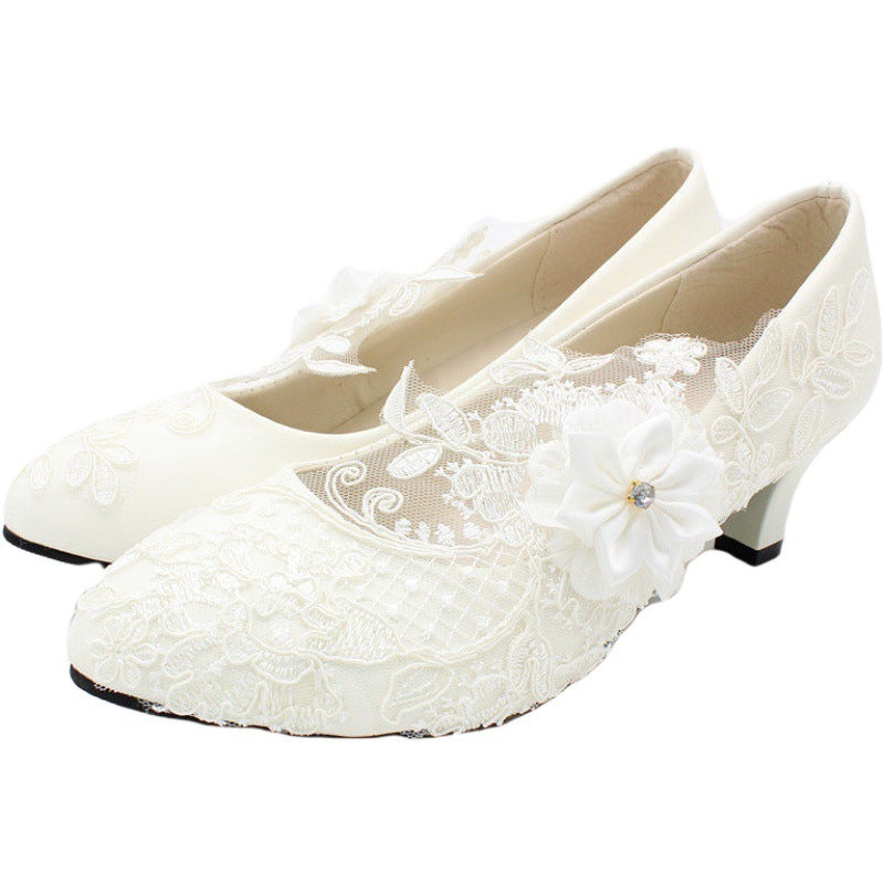 White Lace High Heels Wedding Shoes Large And Fashionable Square